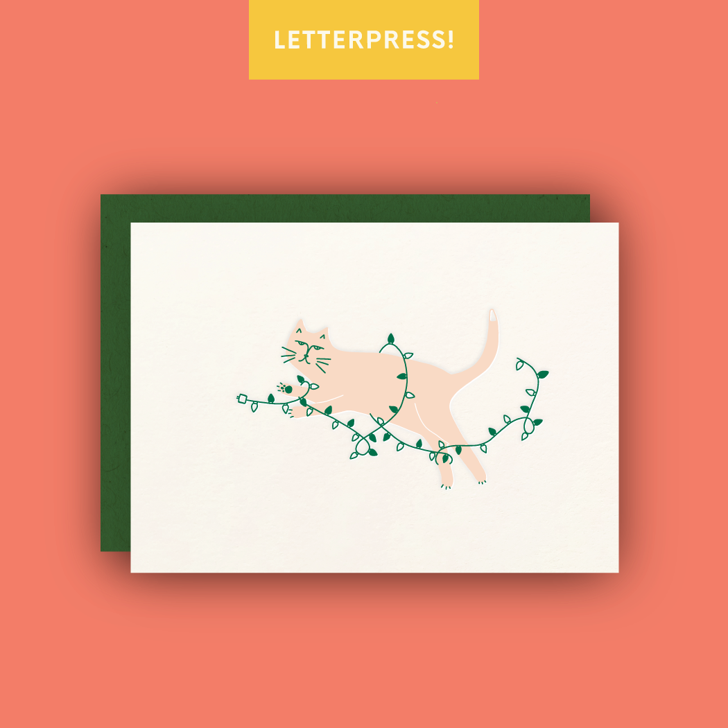 Christmas Cat In Lights Letterpress Greeting Card