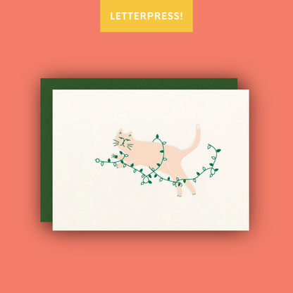 Christmas Cat In Lights Letterpress Greeting Card