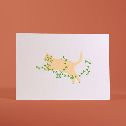 Christmas Cat In Lights Letterpress Greeting Card